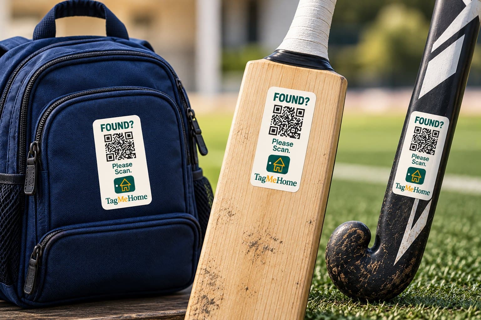 A tagged school bag, cricket bat and hockey stick