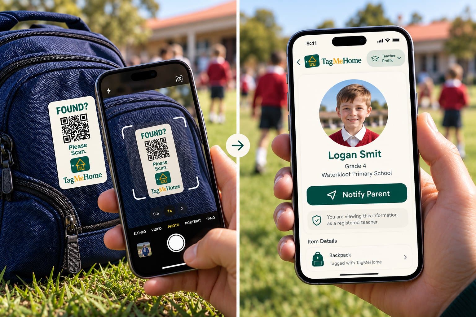 A phone scanning a tagged school bag